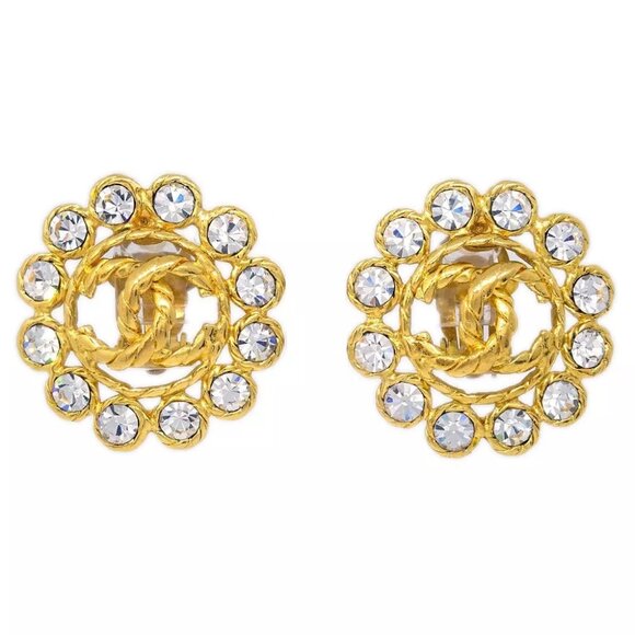 Chanel Gold Button Earrings Clip-On Rhinestone 29 - Picture 1 of 4